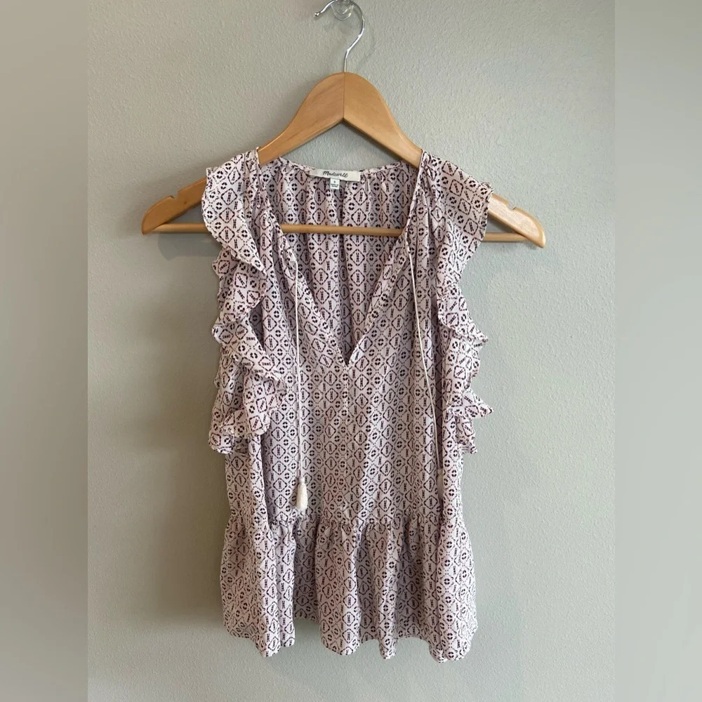 MADEWELL Women's Small 100% Silk Lily Ruffle Top in Echo Grid‎ Blouse Tas…